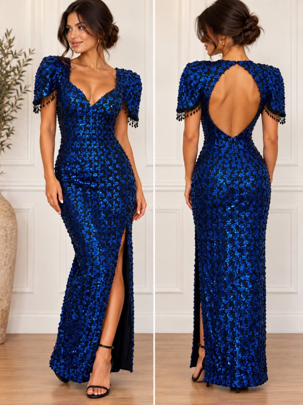 Vintage 1980s Susan Roselli for VIJACK Royal Blue Sequin Open Back Evening Dress